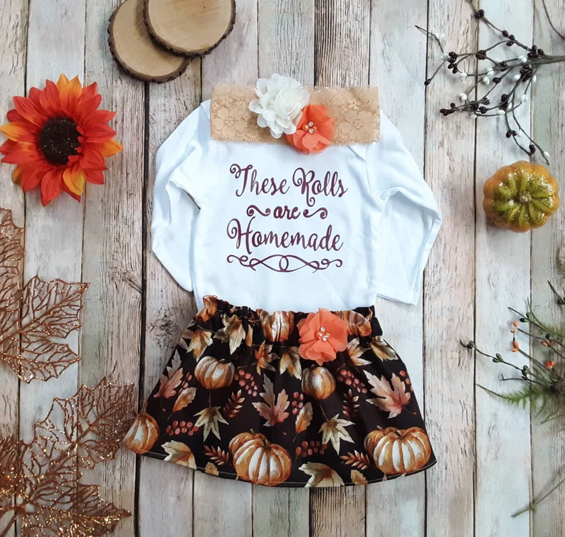 preorder GLD0364 These ralls are homemade pumpkin long sleeve skirt girls set