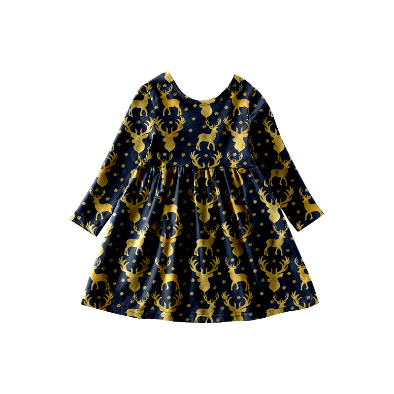 preorder GLD0386 Deer navy long sleeve girls dress