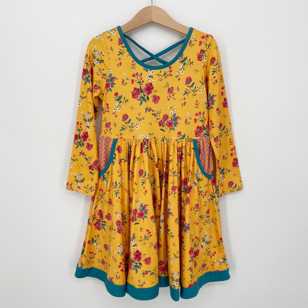 preorder GLD0388 Flowers yellow pocket long sleeve girls dress