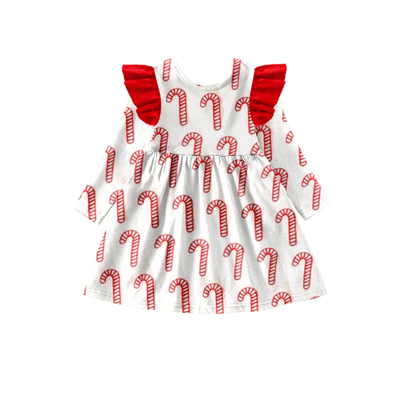 preorder GLD0439 Christmas cane candy red long sleeve girls dress