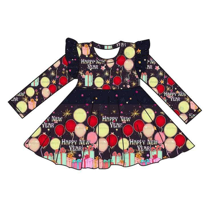 preorder GLD0476 Happy new year balloon black long sleeve girls dress