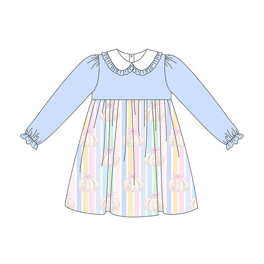 preorder GLD0509 Autumn full pumpkin rainbow striped blue long sleeve girls dress