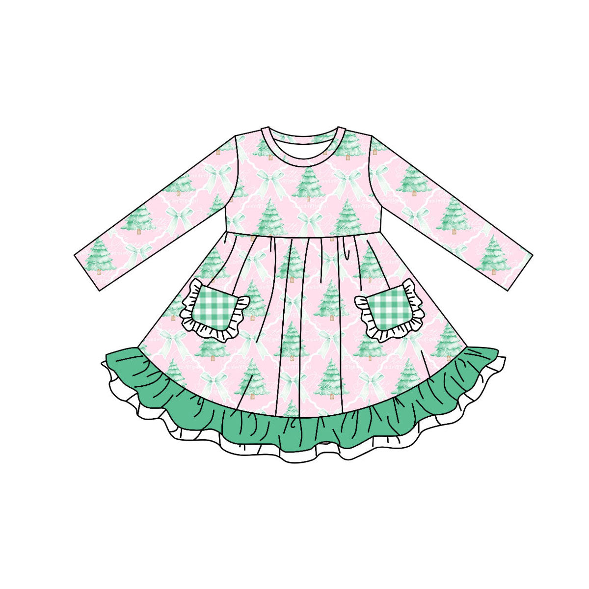 preorder GLD0525 Christmas green tree bow pockets pink long sleeve girls dress