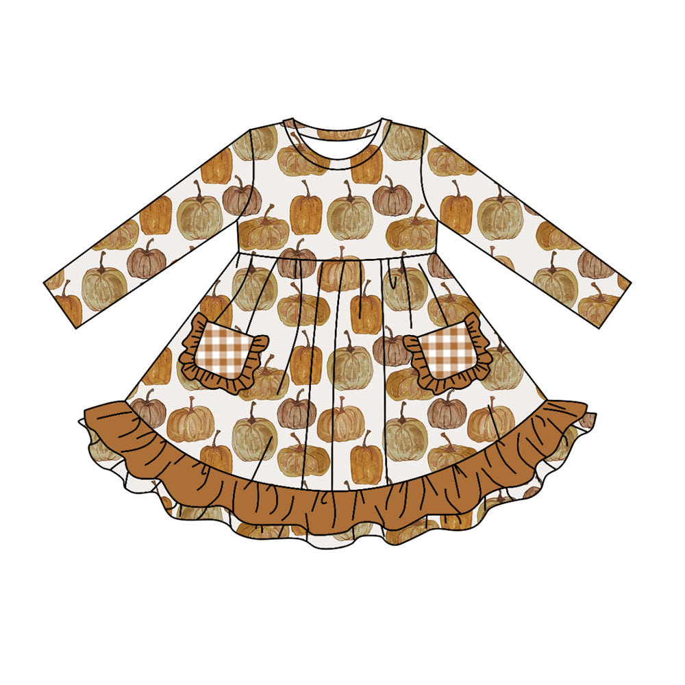 preorder GLD0529 Autumn full pumpkin khaki pockets long sleeve girls dress