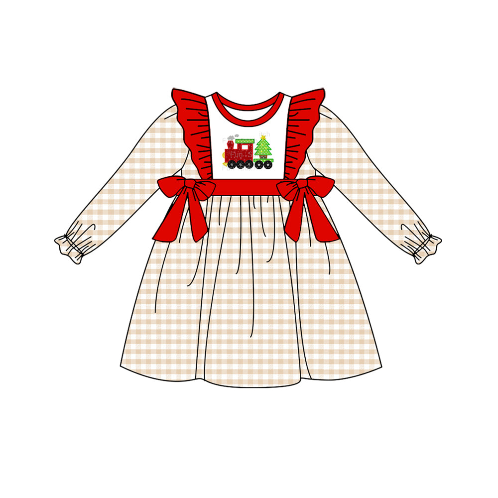 preorder GLD0552 Christmas tree train checkered long sleeve girls dress