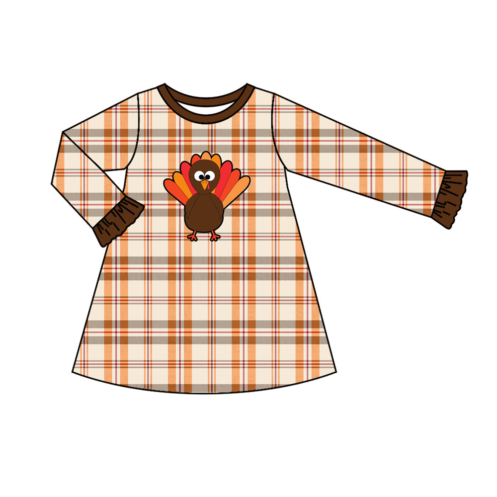 Preorder GLD0574 Thanksgiving turkey orange checkered long sleeve girls dress