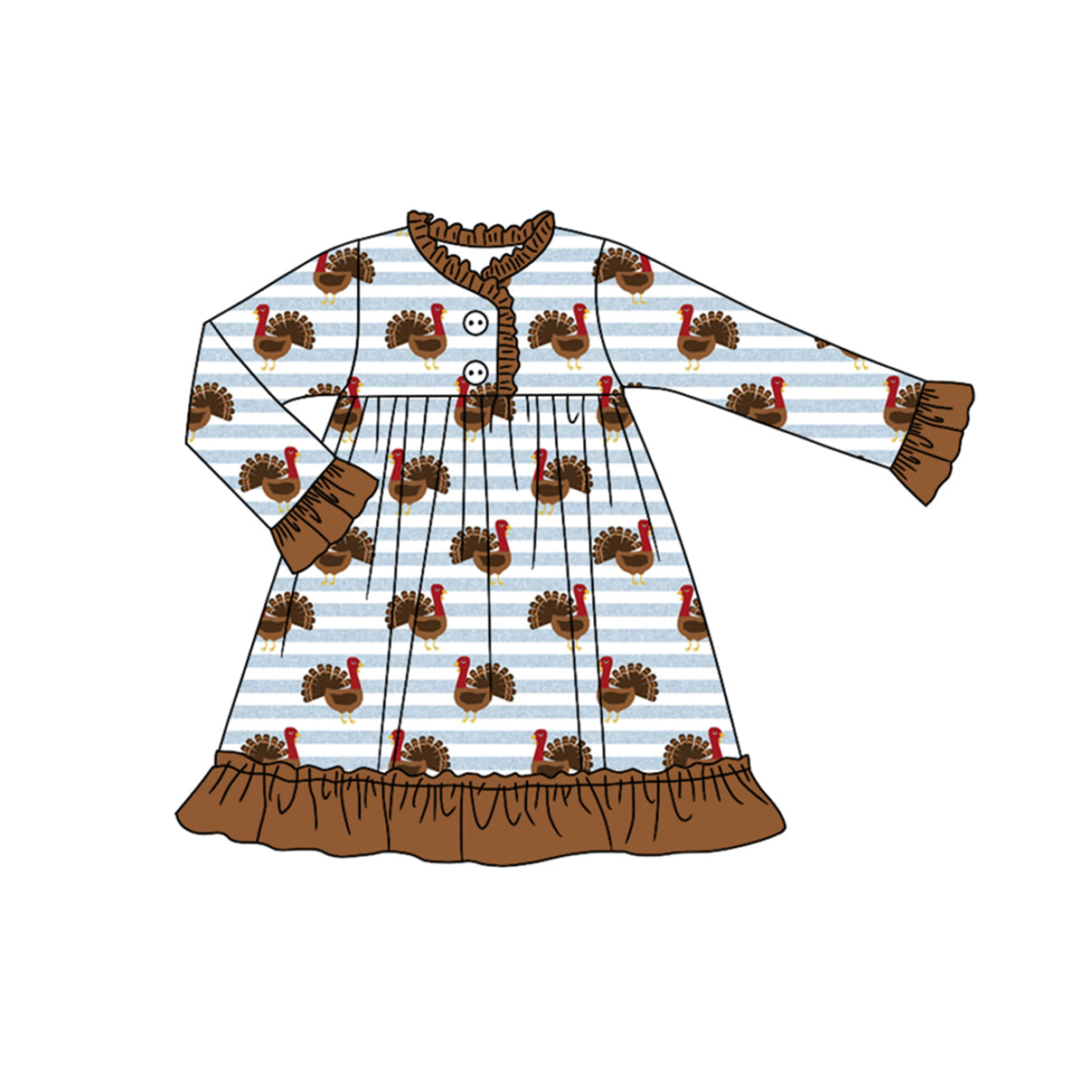 preorder GLD0584 Thanksgiving turkey blue striped long sleeve girls dress