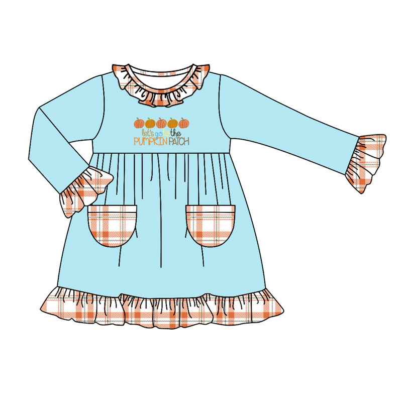 preorderGLD0585 let go to the pumpkin patch pockets blue long sleeve girls dress