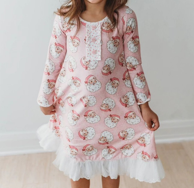 Preorder GLD0589 Christmas Santa pink long sleeve girls dress