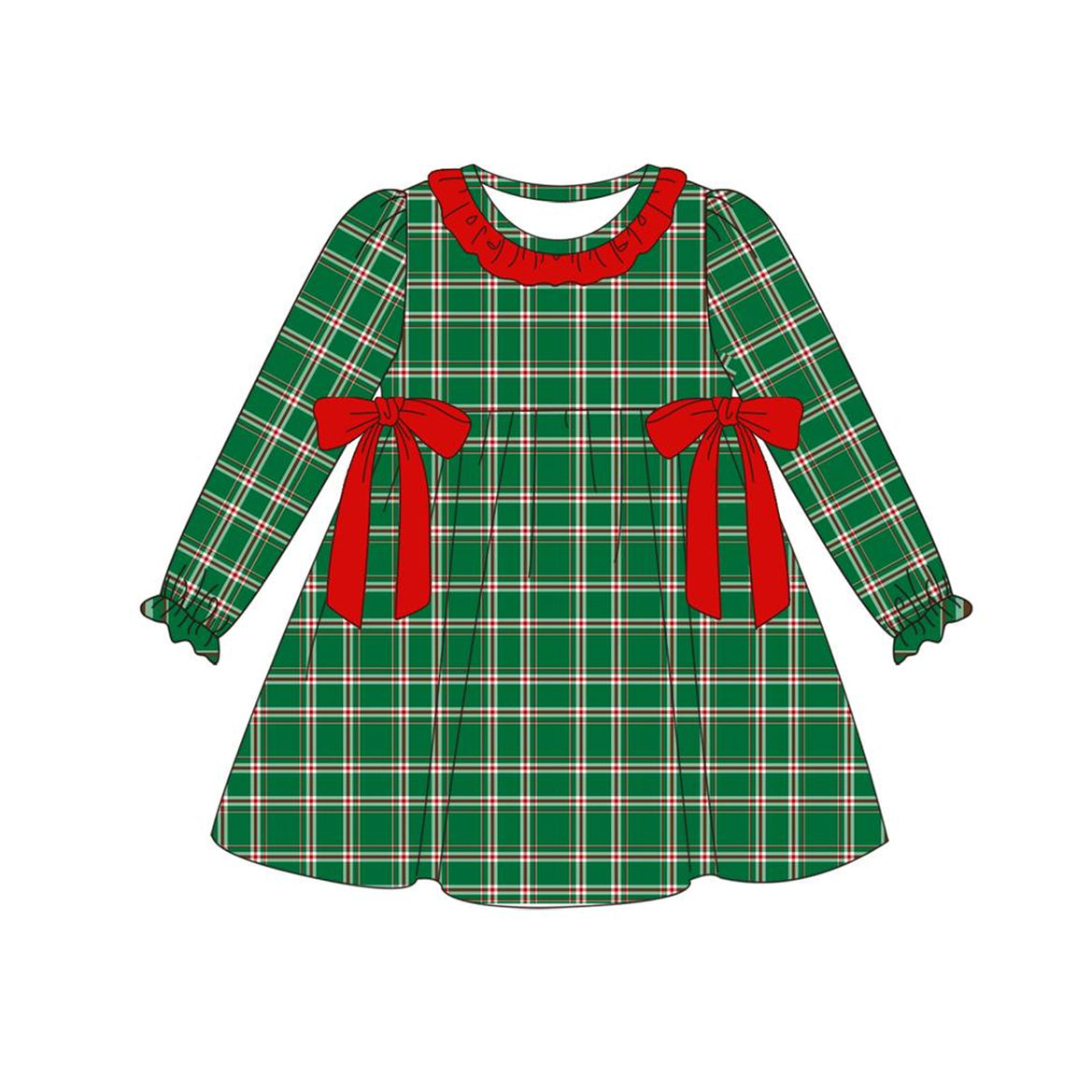 Preorder GLD0593 Christmas green checkered long sleeve girls dress