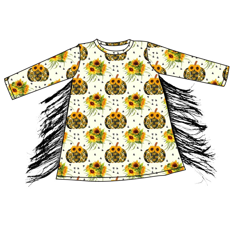 Preorder GLD0596 sunflowers pumpkin long sleeve tassels girls dress