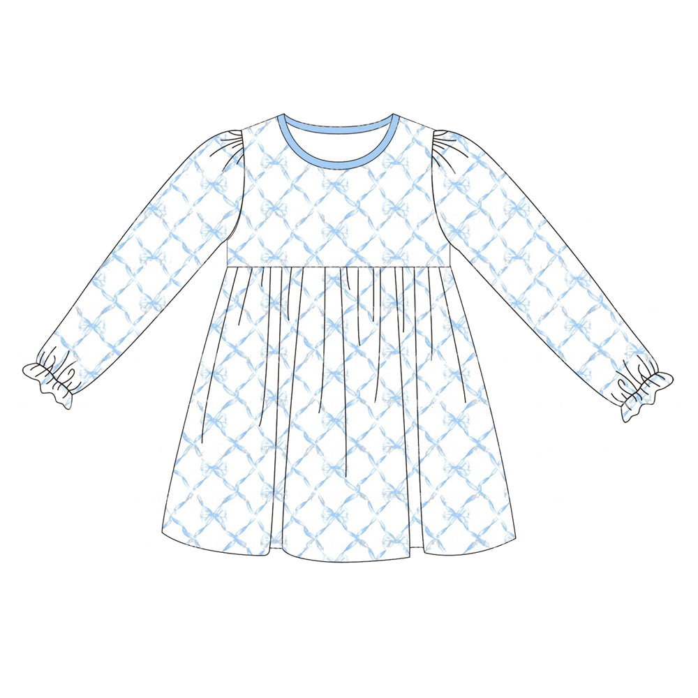 Preorder GLD0602 blue bows long sleeve girls dress