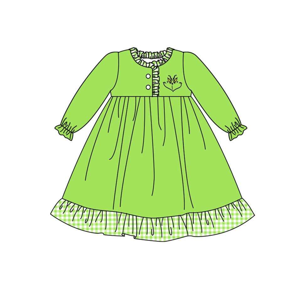 Preorder GLD0609 Christmas green face green long sleeve girls dress
