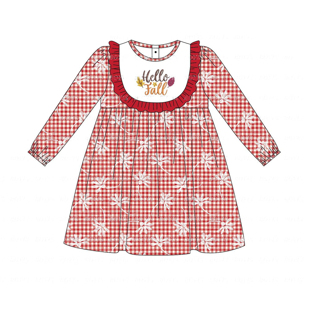 Preorder GLD0621 hello fall flowers red checkered long sleeve girls dress