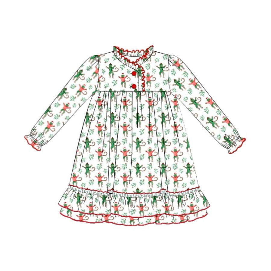 Preorder GLD0623 Christmas happy monkey long sleeve girls dress
