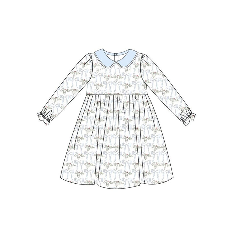 Preorder GLD0635 Christmas Holly Berry bow long sleeve girls dress