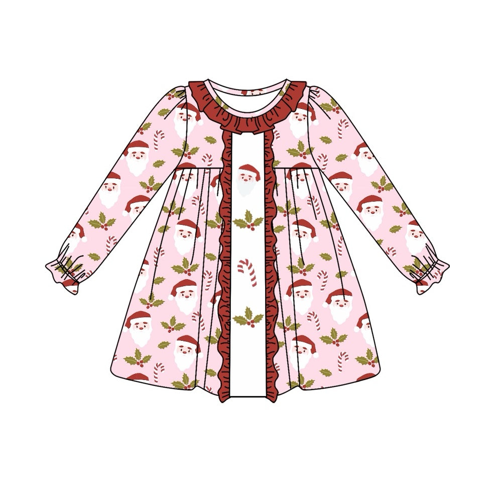Preorder GLD0637 Christmas Santa Holly Berry cane candy long sleeve girls dress