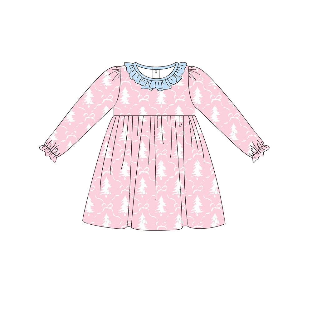 Preorder GLD0639 Christmas tree bows pink long sleeve girls dress