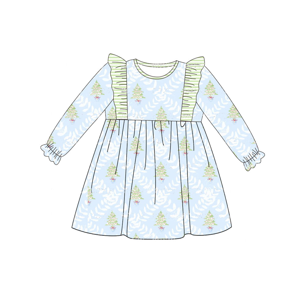 Preorder GLD0640 Christmas tree blue long sleeve girls dress