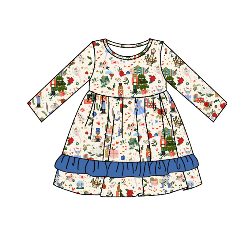 Preorder GLD0649 Christmas cartoon soldier blue long sleeve girls dress