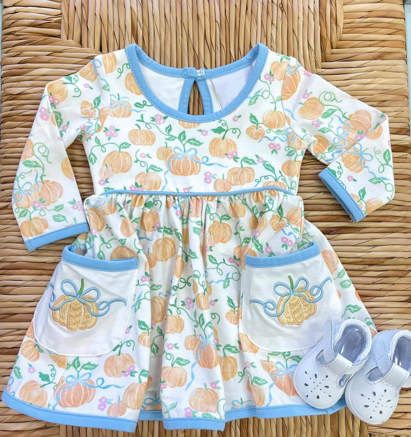 Preorder GLD0655 Autumn fall pumpkin pockets blue long sleeve girls dress