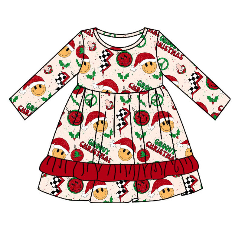 Preorder GLD0662 Christmas smile hat red long sleeve girls dress