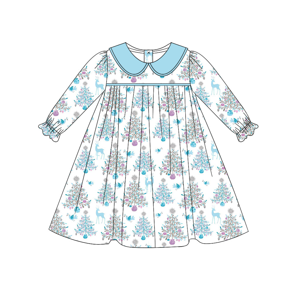 Preorder GLD0663 Christmas tree deer blue long sleeve girls dress