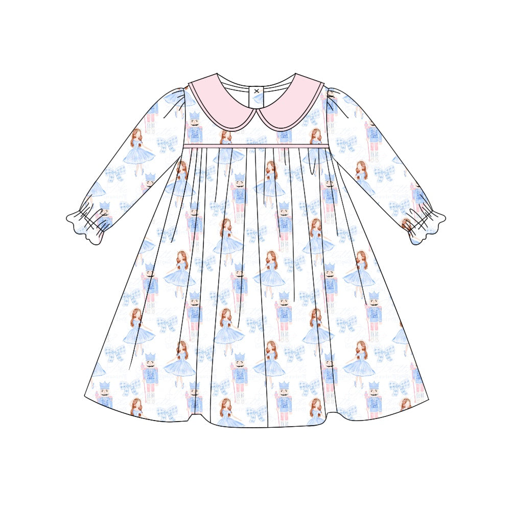 Preorder GLD0674 Christmas blue bows dance girl soldier long sleeve girls dress