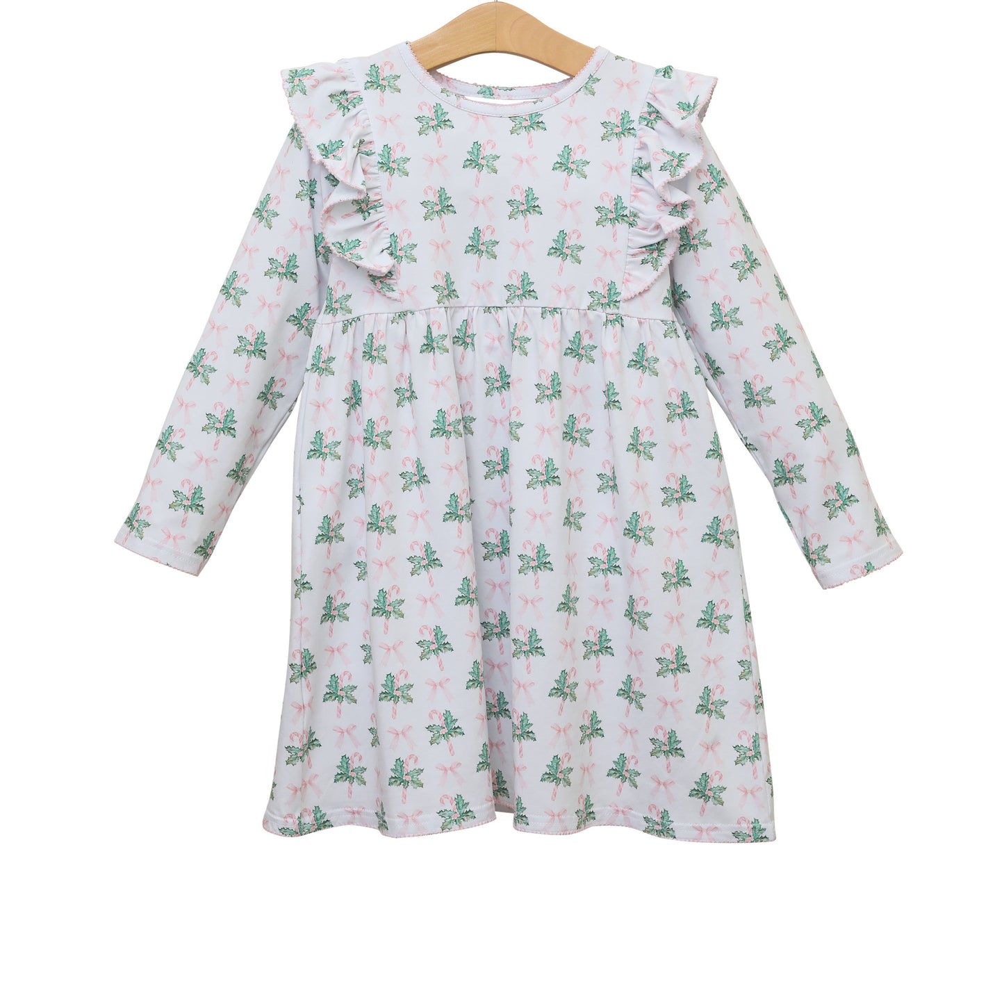 Preorder GLD0688 Christmas holly berry cane candy pink bows long sleeve girls dress
