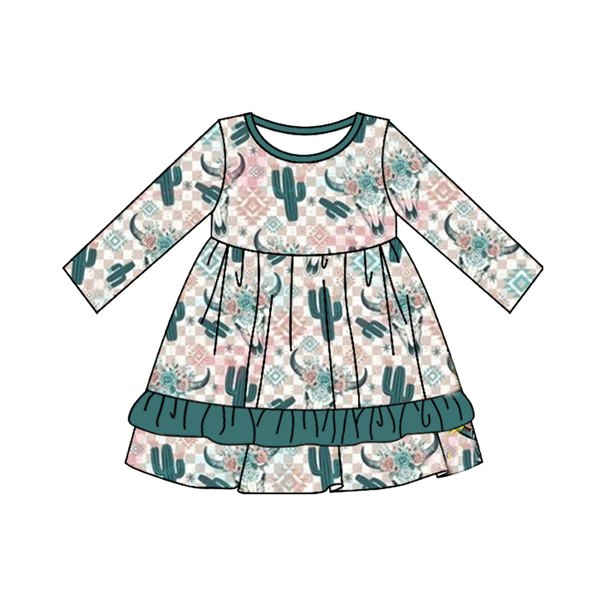 Preorder GLD0700 Wetwen Aztec cactus cow checkered long sleeve girls dress
