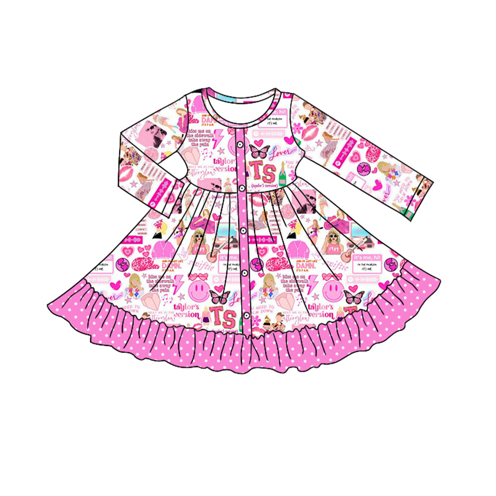 Preorder GLD0711 Taylor country singer hot pink long sleeve girls dress