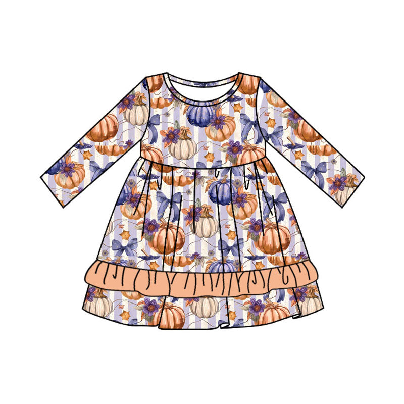 Preorder GLD0729 orange pumpkin flowers purple striped long sleeve girls dress