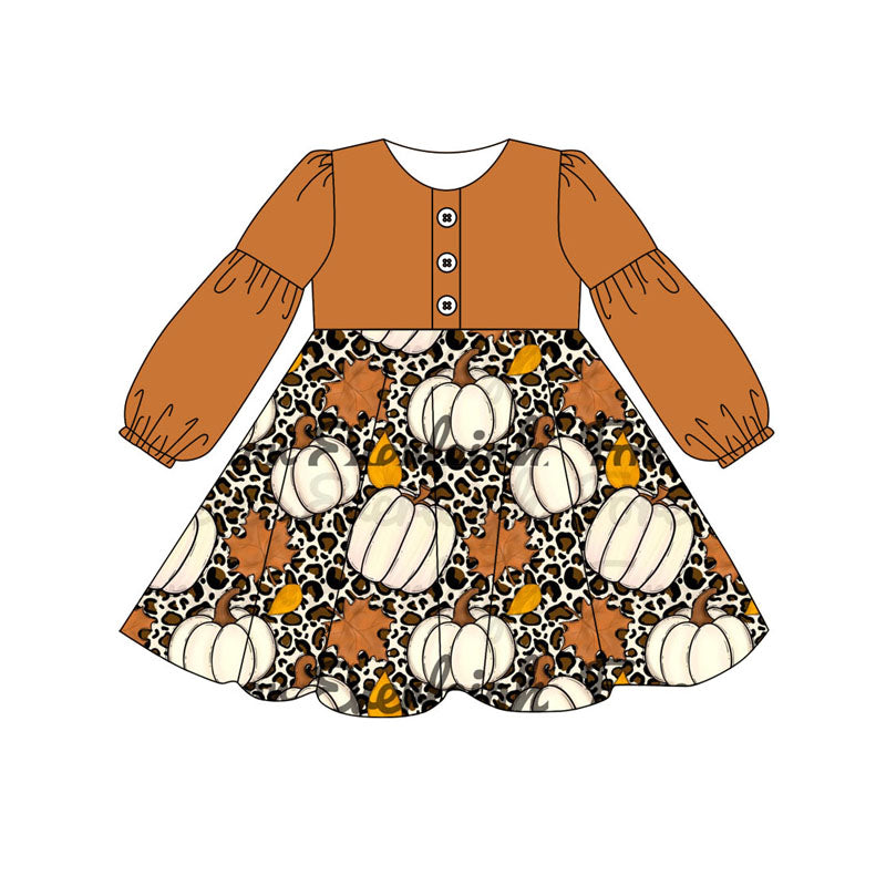 Preorder GLD0730 Autumn pumpkin leopard orange long sleeve girls dress