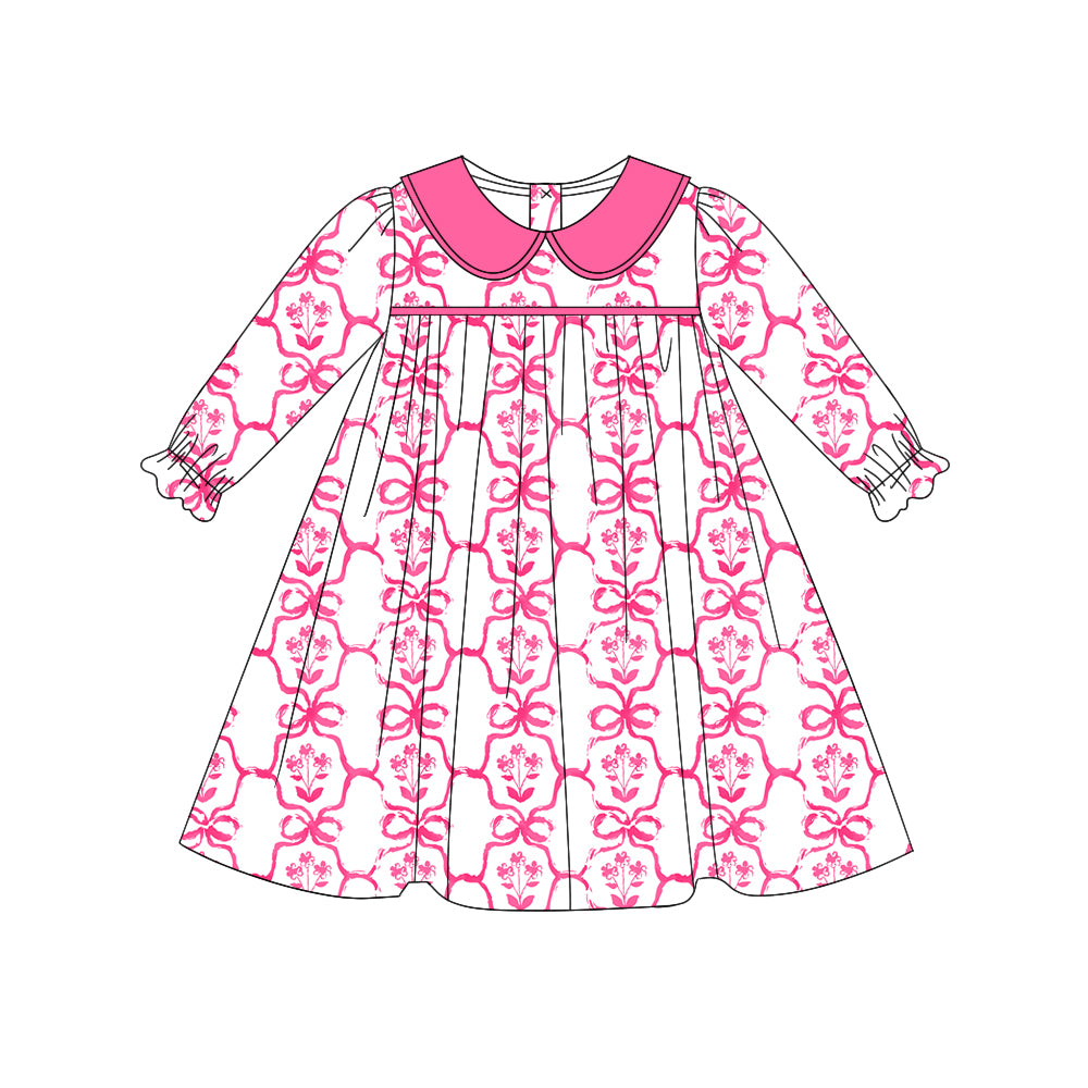 Preorder GLD0735 hot pink flowers bows long sleeve girls dress