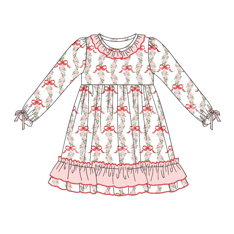 Preorder GLD0741 Christmas red bows flowers long sleeve girls dress