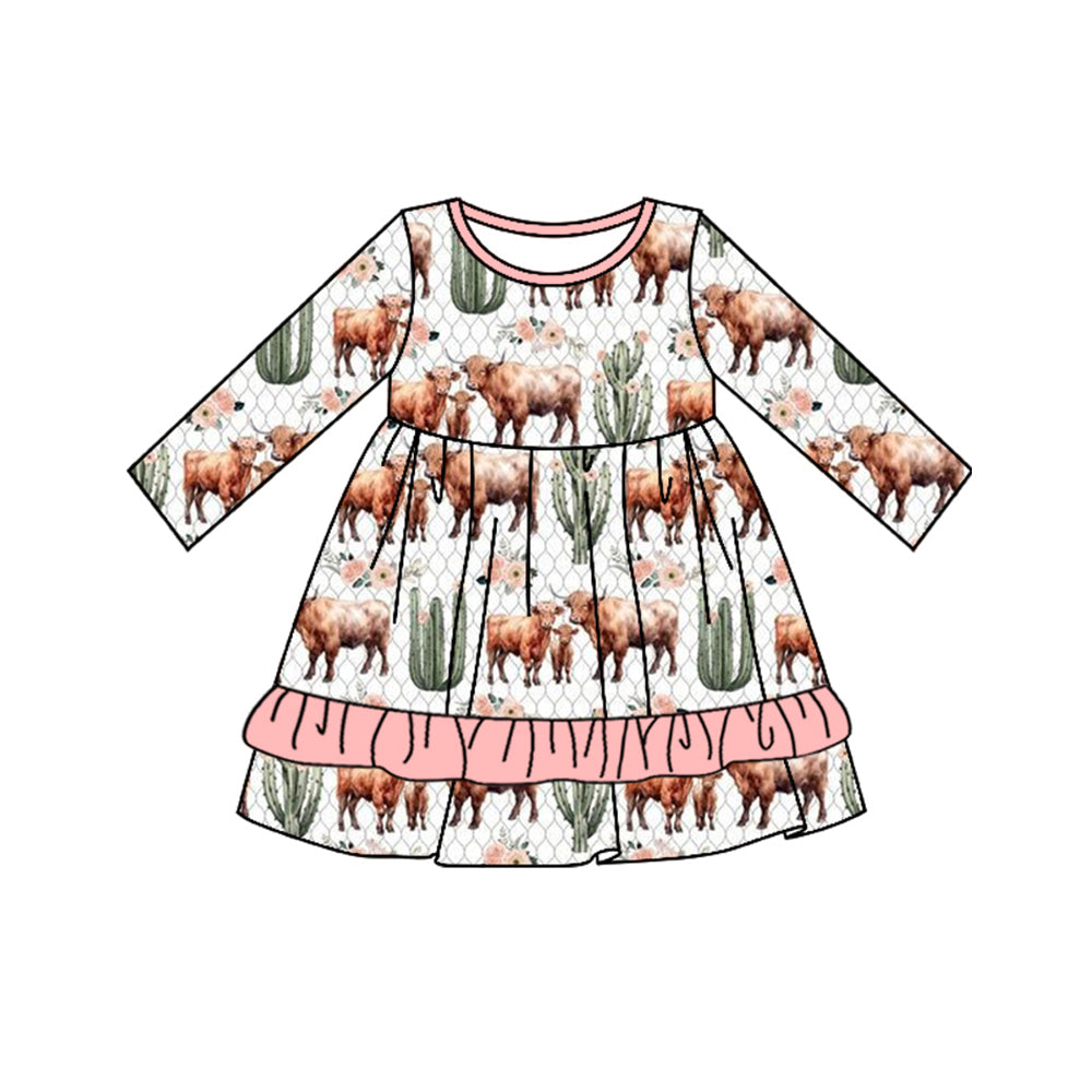 Preorder GLD0744 Western cactus cow long sleeve girls dress