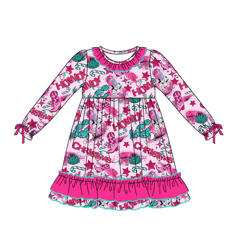 Preorder GLD0747 Christmas Western howdy boot hot pink long sleeve girls dress