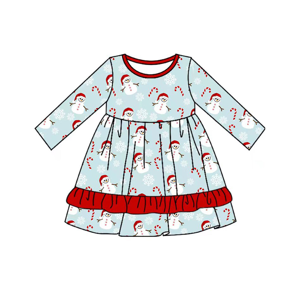 Preorder GLD0749 Christmas cane candy snowman blue long sleeve girls dress