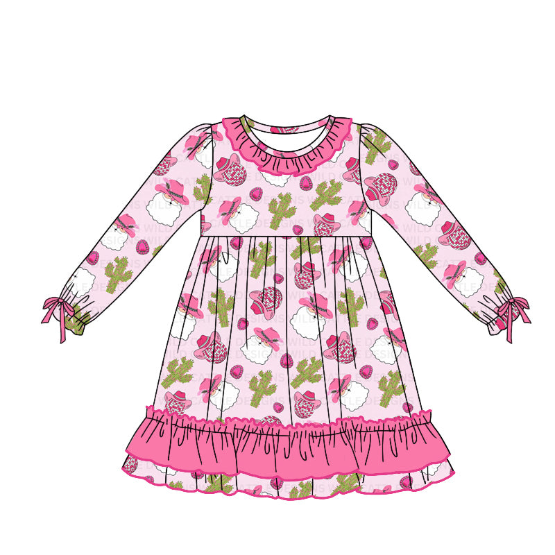 Preorder GLD0753 Christmas Western Santa cactus hot pink long sleeve girls dress