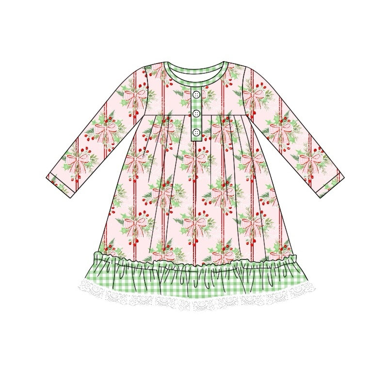 Preorder GLD0754 Christmas holly berry pink bows long sleeve girls dress