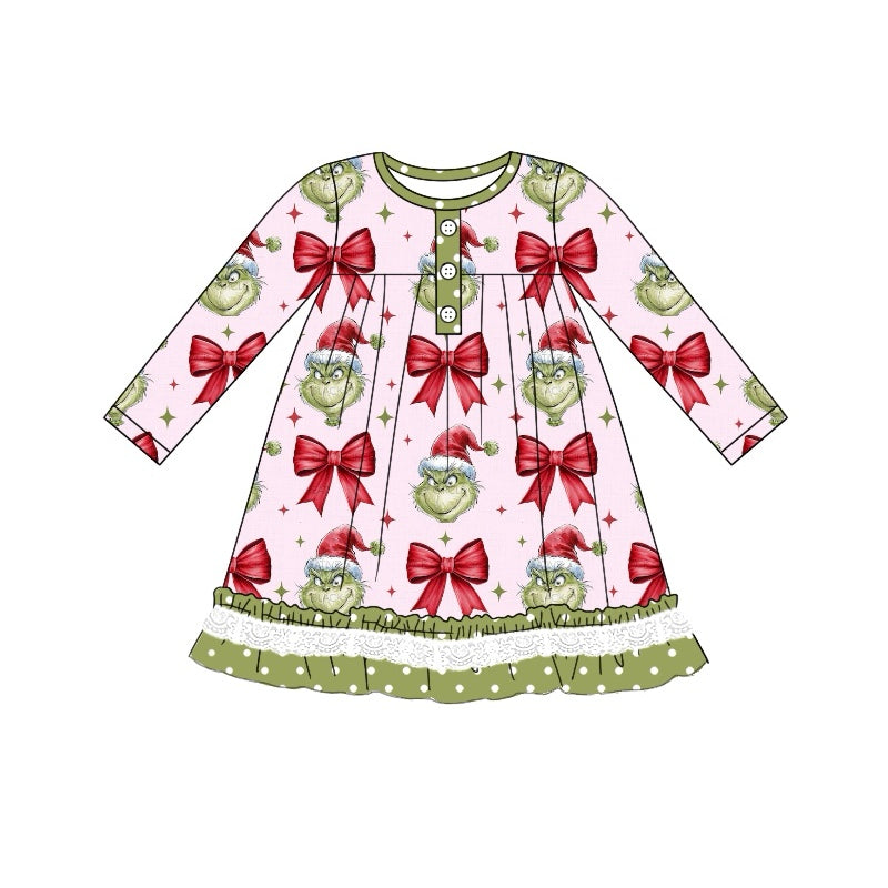 Preorder GLD0756 Christmas bows green face pink long sleeve girls dress