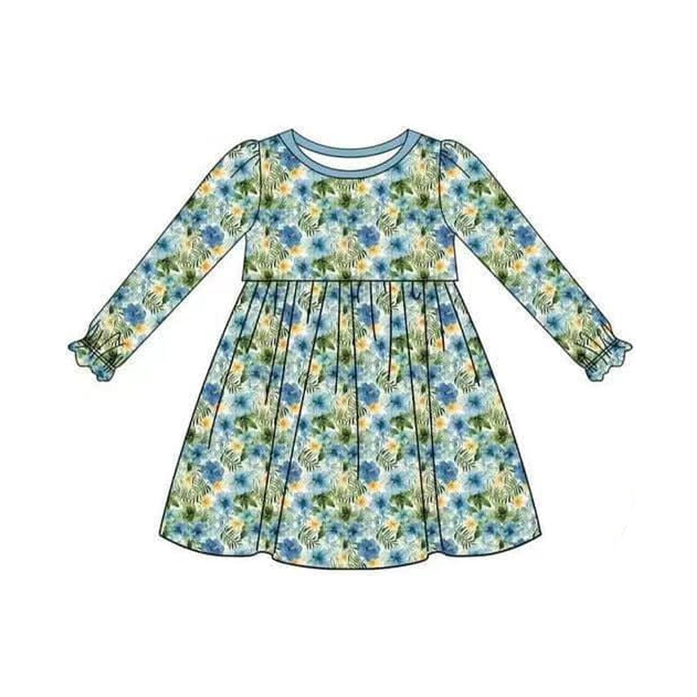 Preorder GLD0760 blue flowers long sleeve girls dress