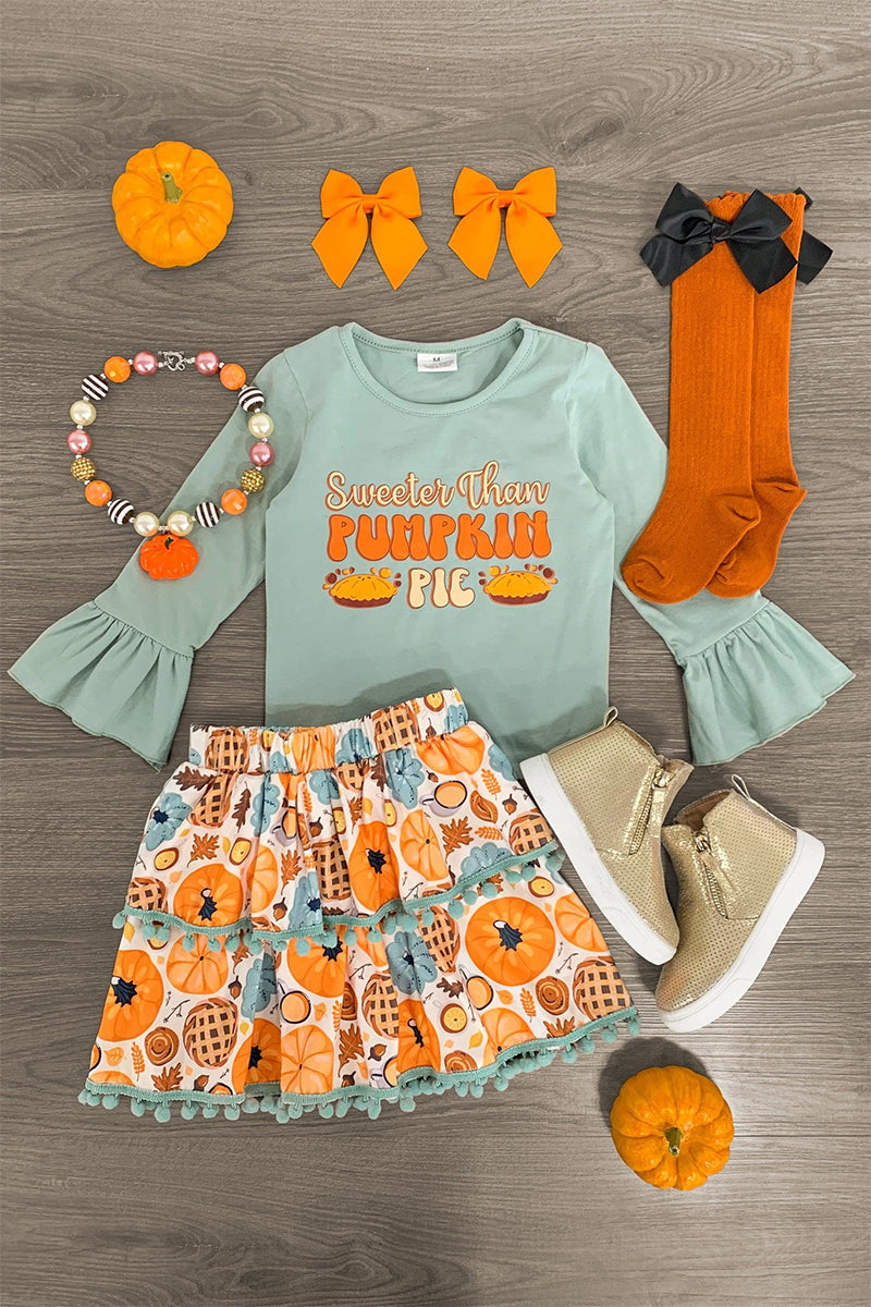 preorder GLD0763 pumpkin pie long sleeve skirt 2pcs girls set