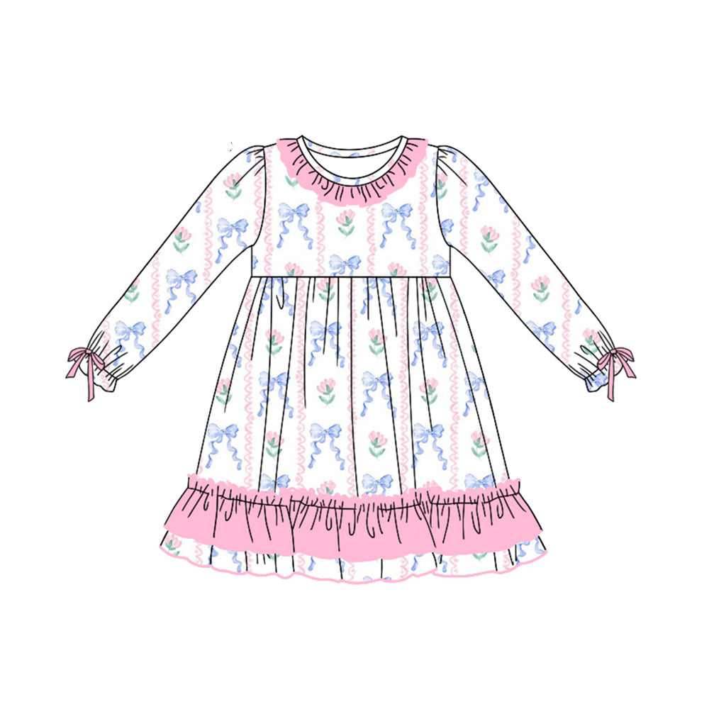 Preorder GLD0769 blue bows flowers pink long sleeve girls dress