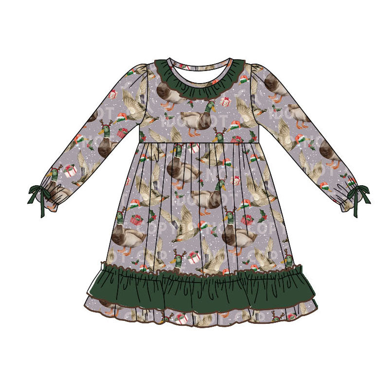 Preorder GLD0778 Christmas hunting mallard long sleeve girls dress