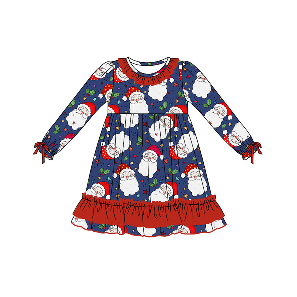 Preorder GLD0780 Christmas Santa holly berry navy blue long sleeve girls dress