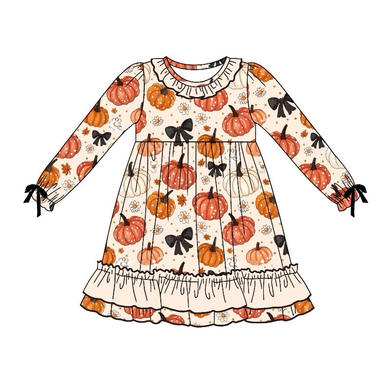 Preorder GLD0781 Autumn pumpkin bows flowers long sleeve girls dress