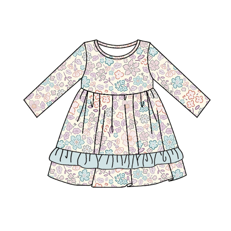 Preorder GLD0783 colorful flowers long sleeve blue girls dress