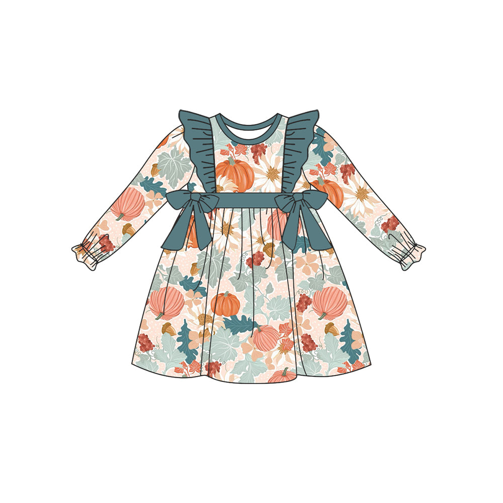 Preorder GLD0785 colorful pumpkin long sleeve girls bows dress