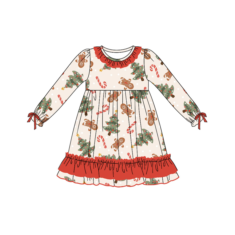 Preorder GLD0788 Christmas gingerbread man cane candy long sleeve girls dress